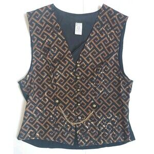 Vintage 90's Ladies Black & Bronze Brocade Tone On Tone Vest W/Chain Size SP
